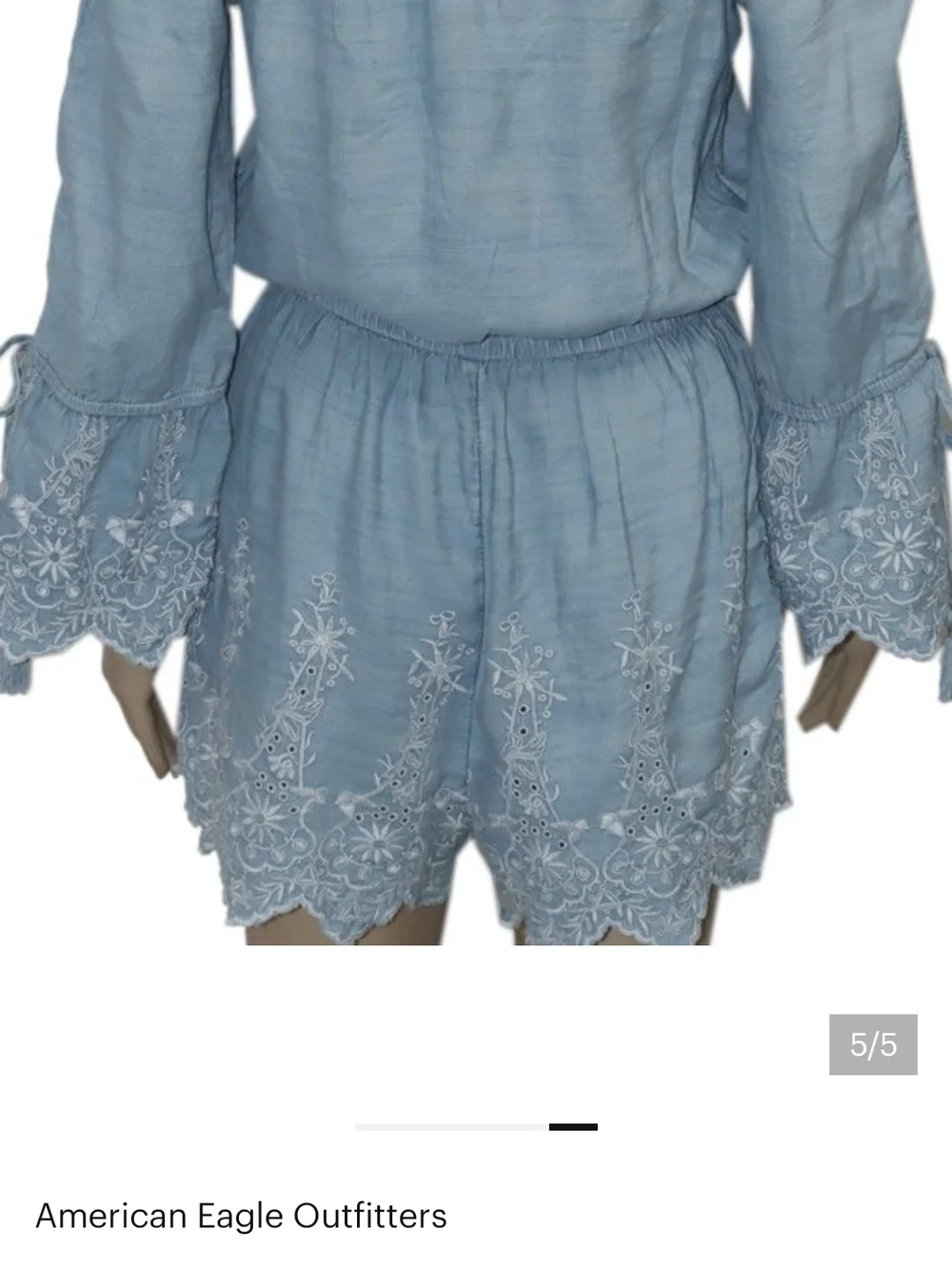 American Eagle Light Blue Off‑Shoulder Embroidered Tie‑Waist Romper Size  XL - Picture 3 of 8